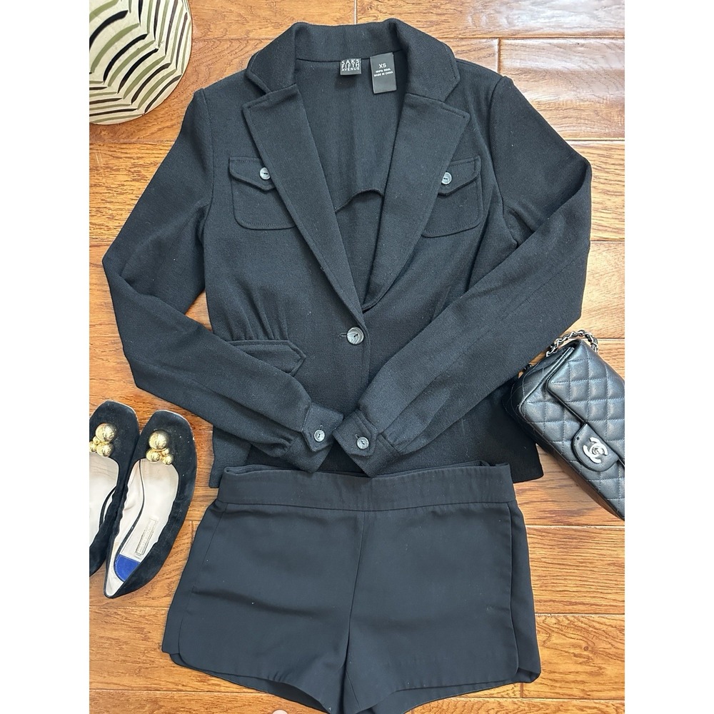 Saks Fifth Avenue Womens XS 100% Wool Black Knit Blazer Jacket Single Button